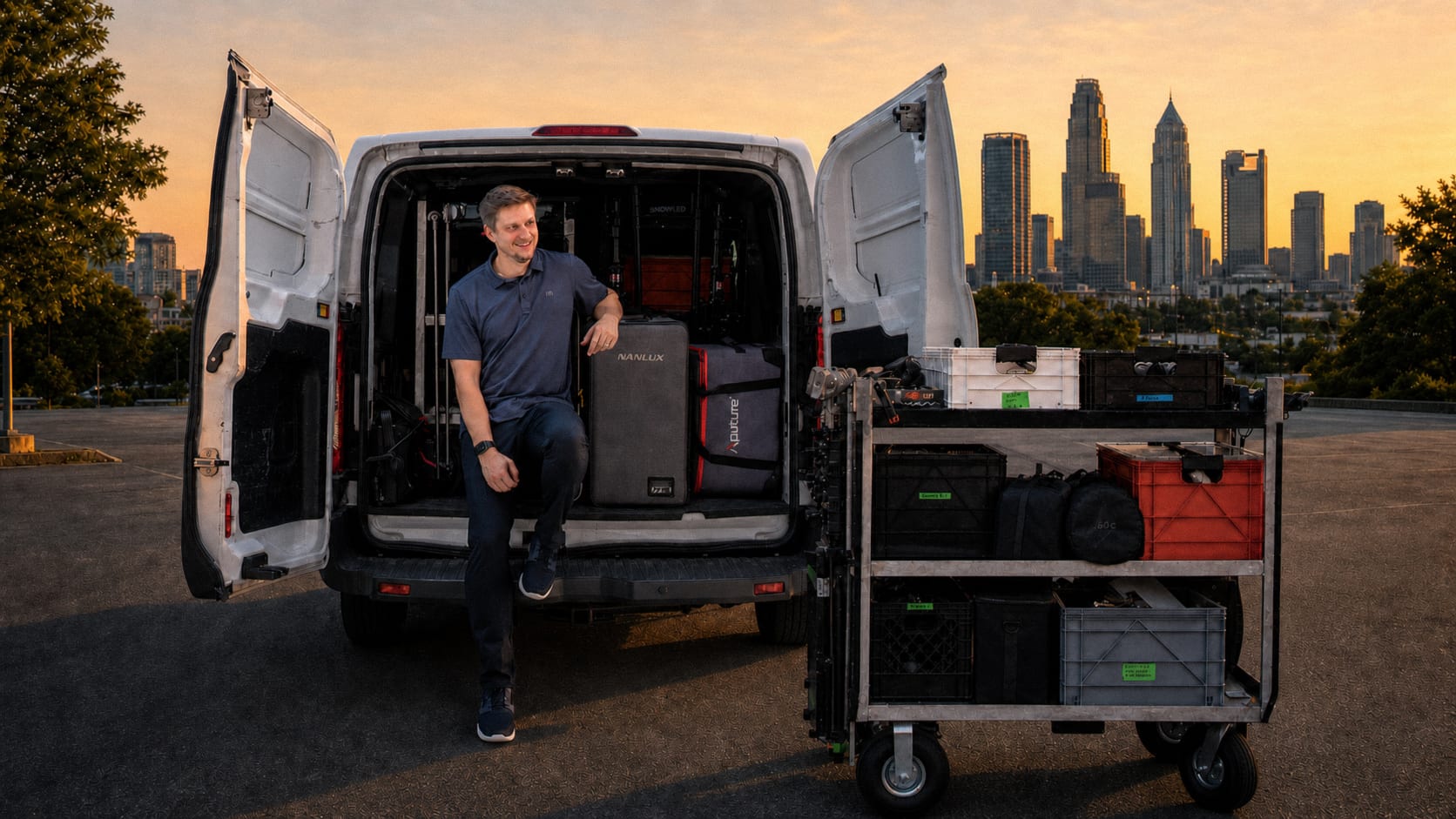 A man seated on the tailgate of the van, rear doors open on a packed load of lights, stands, and camera gear, a loaded cart alongside, the Atlanta skyline at dusk