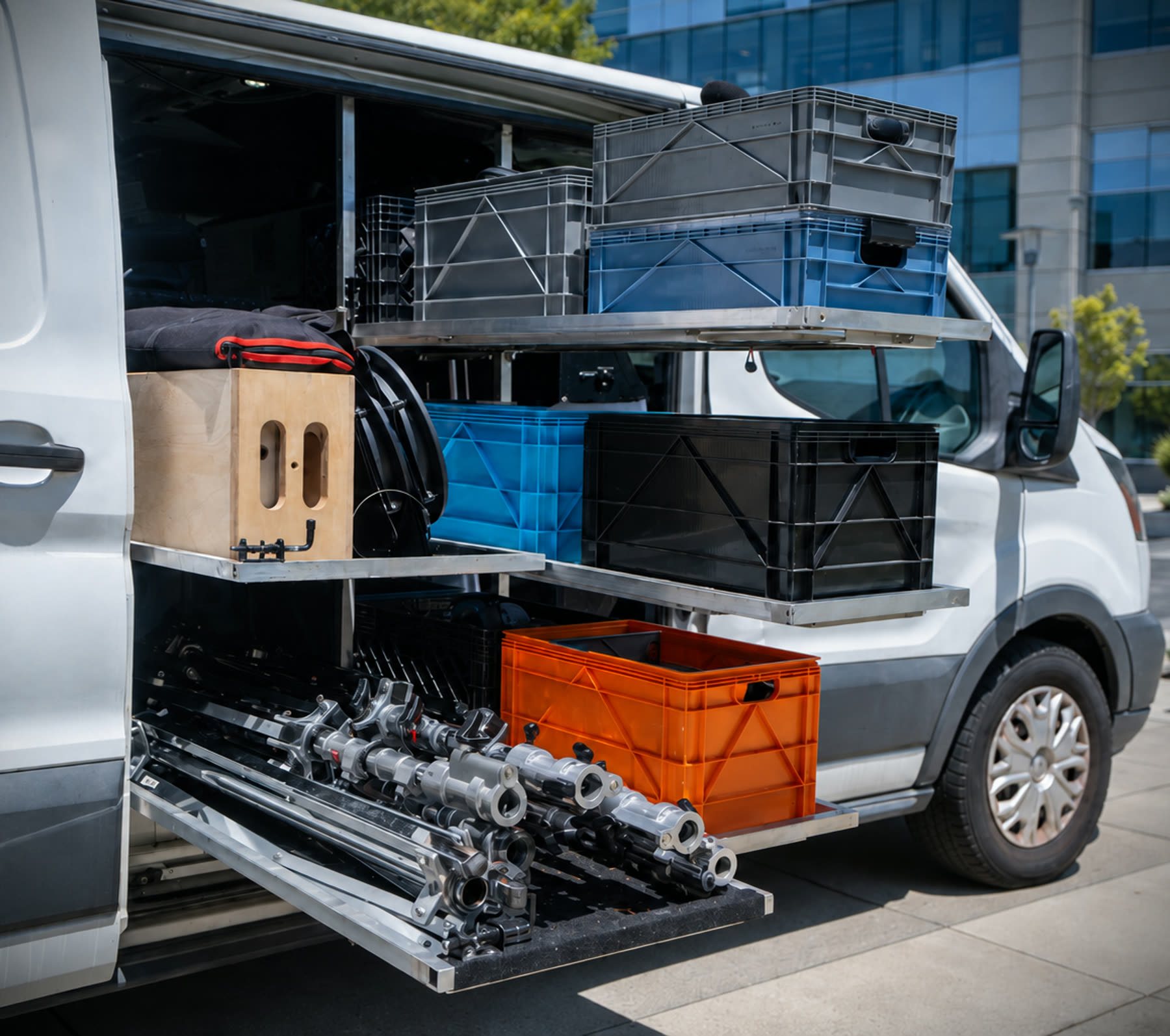 The 1-ton grip van with its side door open: slide-out trays of metal clamps and arms, crates, a wooden box, and shelved cases packed to the roof
